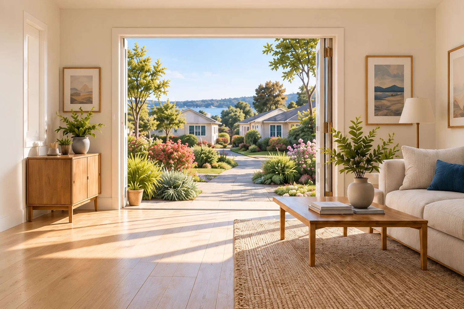Conceptual sunlit one-level living room with a wide, level doorway to a neighborhood.