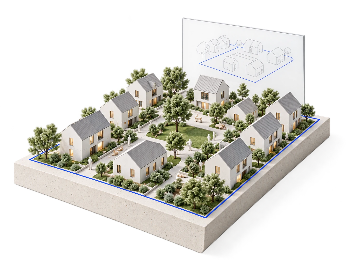 Architectural model of detached homes and a landscaped courtyard enclosed by one blue property boundary, with a transparent shared-plan plane behind them.