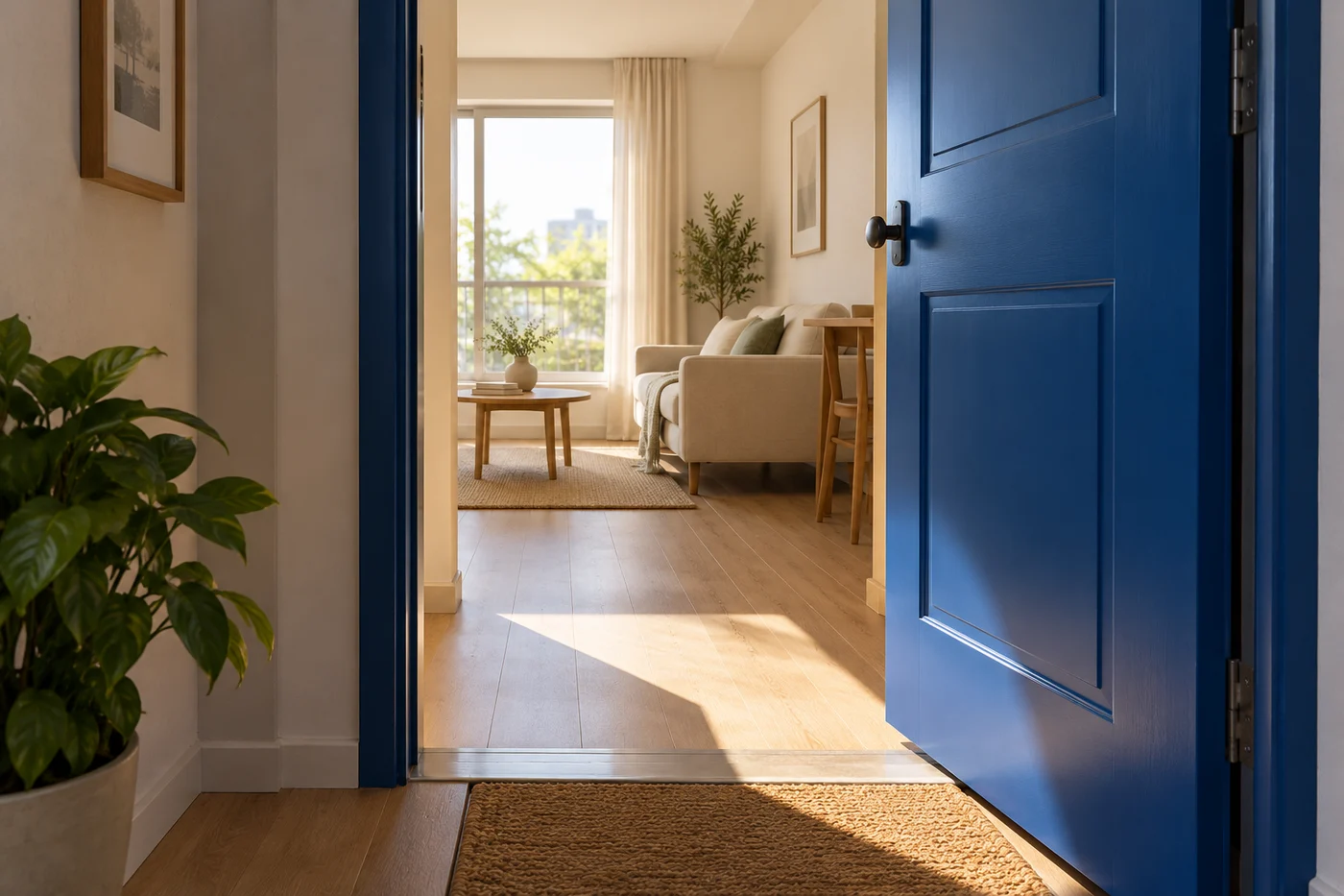 An open blue apartment door leading into a sunlit home.