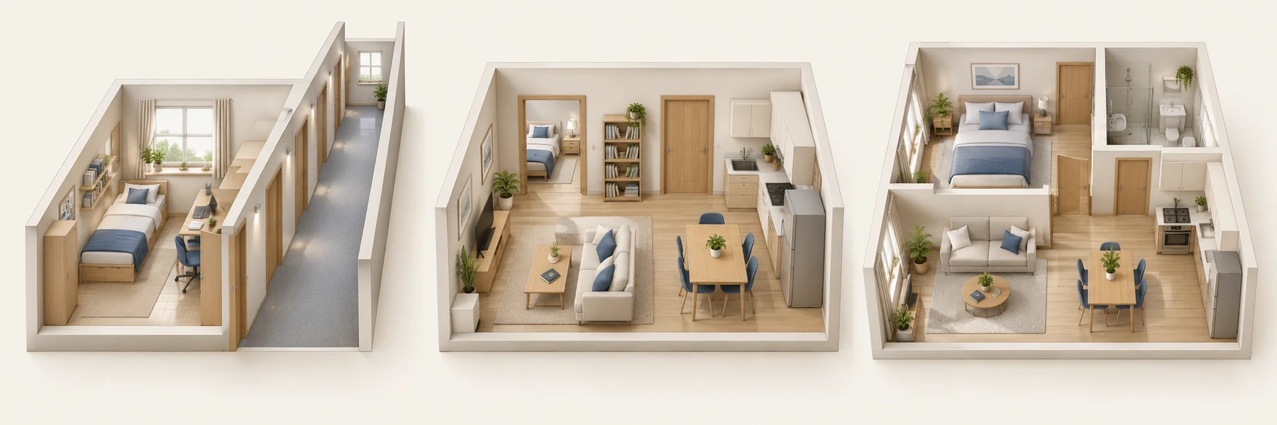 Architectural cutaways of a dormitory room, a shared apartment and a separate apartment.