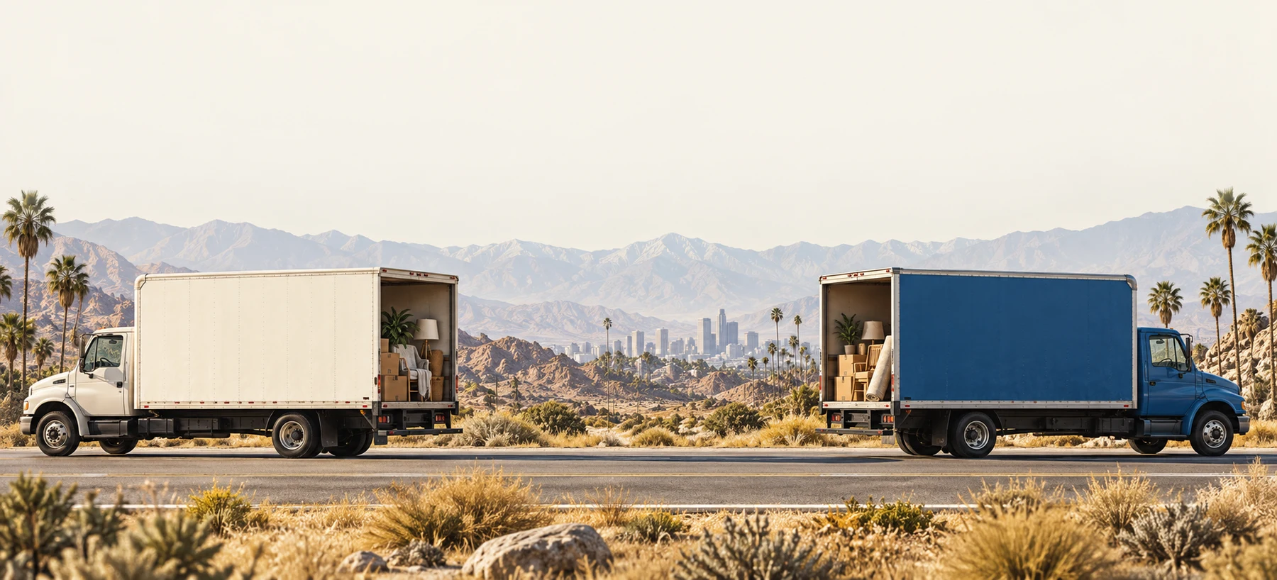 Two unbranded moving trucks, one ivory and one blue, passing in opposite directions on a California highway.