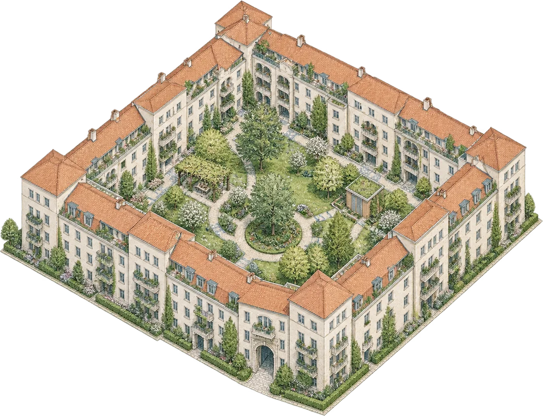 Generated conceptual courtyard housing block with homes surrounding a shared garden