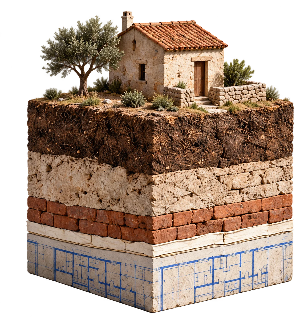 Conceptual artwork of a home above layers of earth, masonry, paper and architectural plans