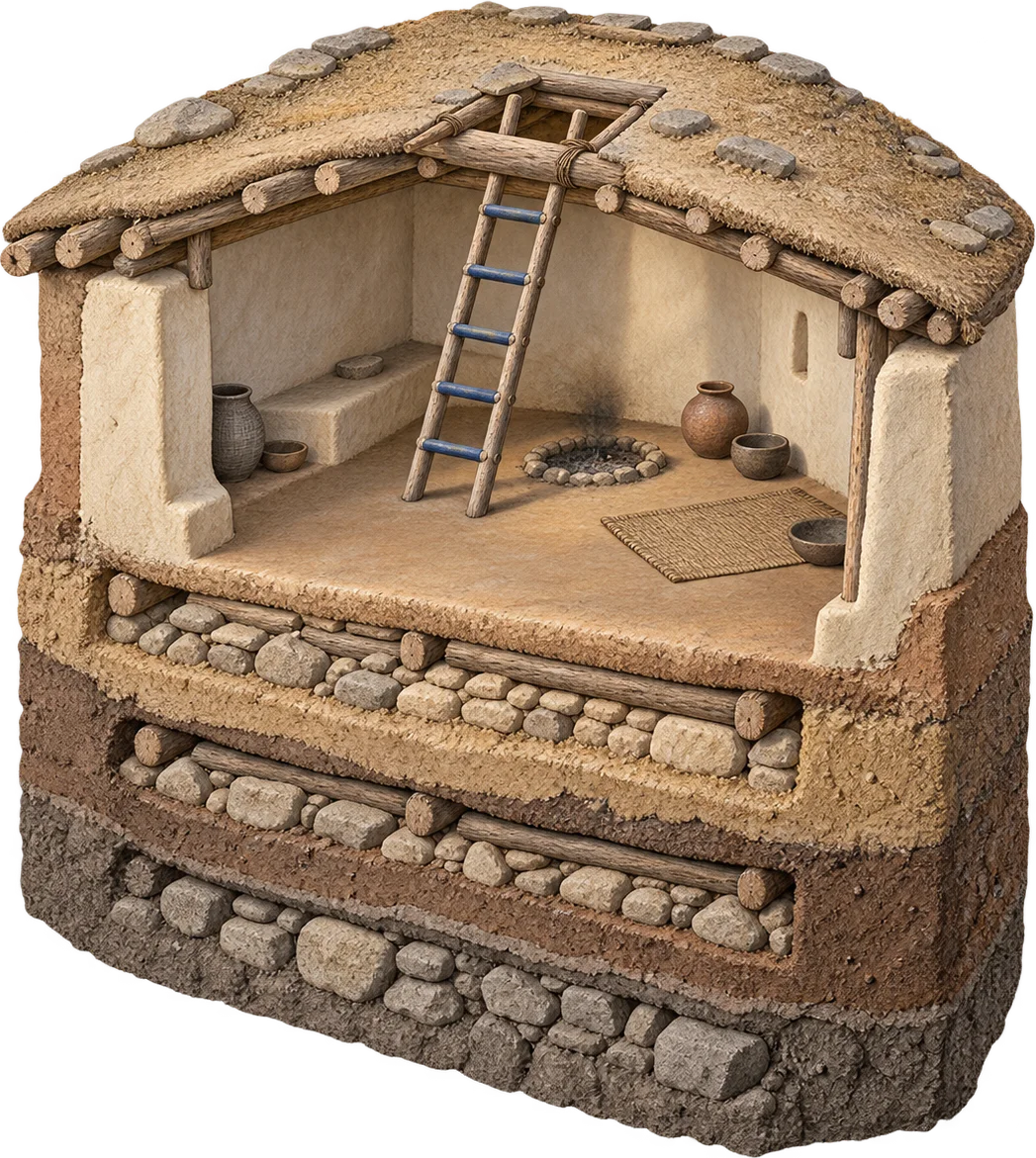 Generated conceptual cutaway showing roof access, a ladder into a room and rebuilding layers beneath it