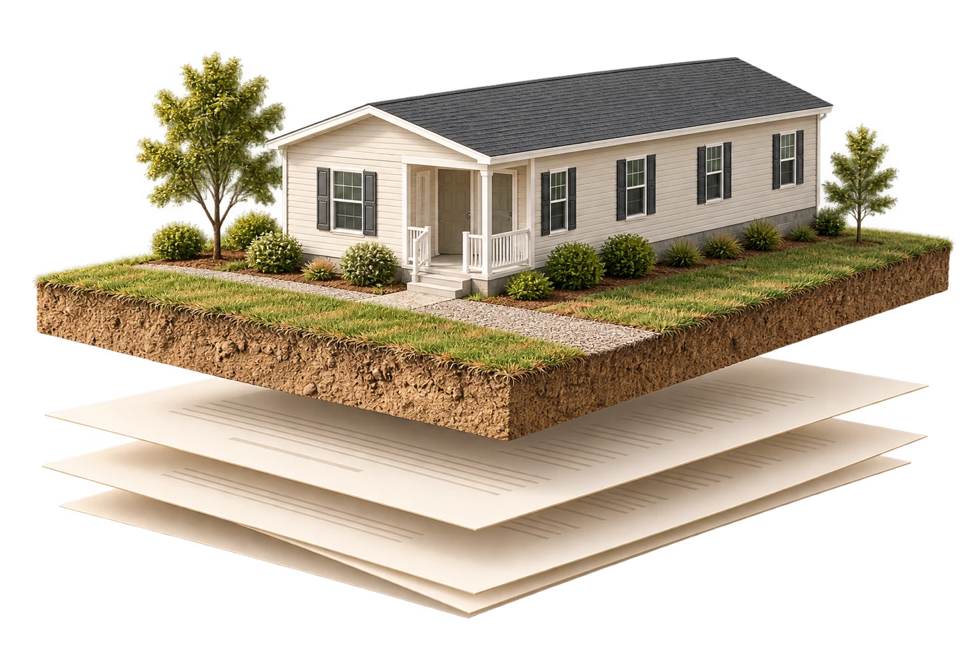 Architectural model of a manufactured home on a land slice, separated from three legal and financial paper layers.