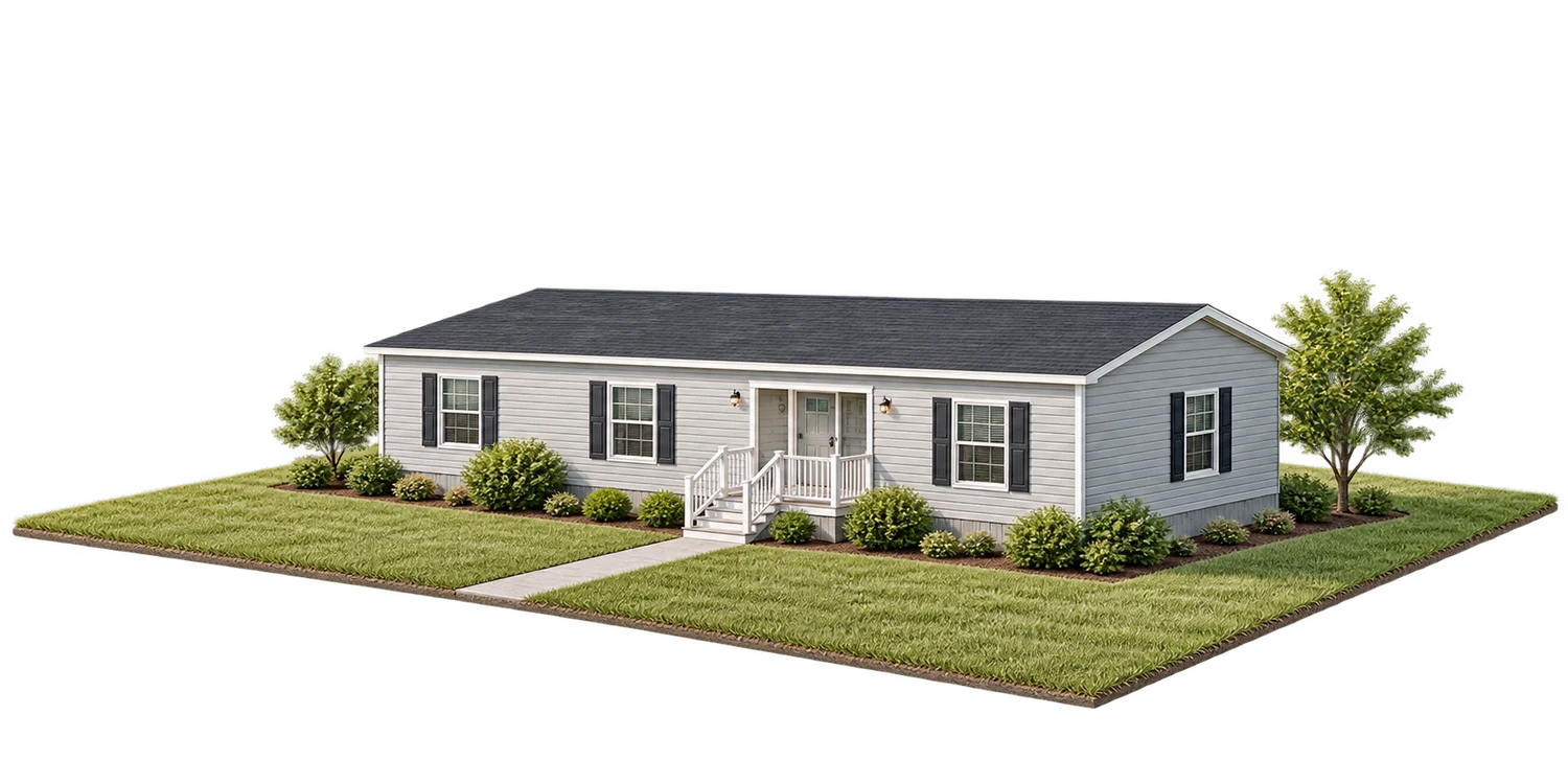 Architectural model of a manufactured home on a separate grassy site.