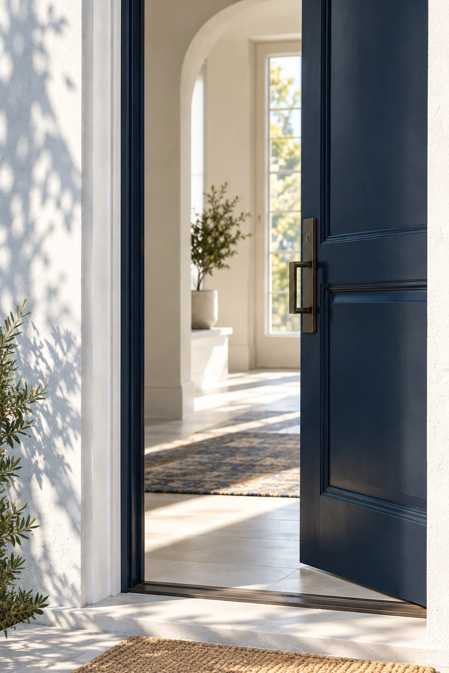 An open navy door leading into a quiet sunlit ivory interior.