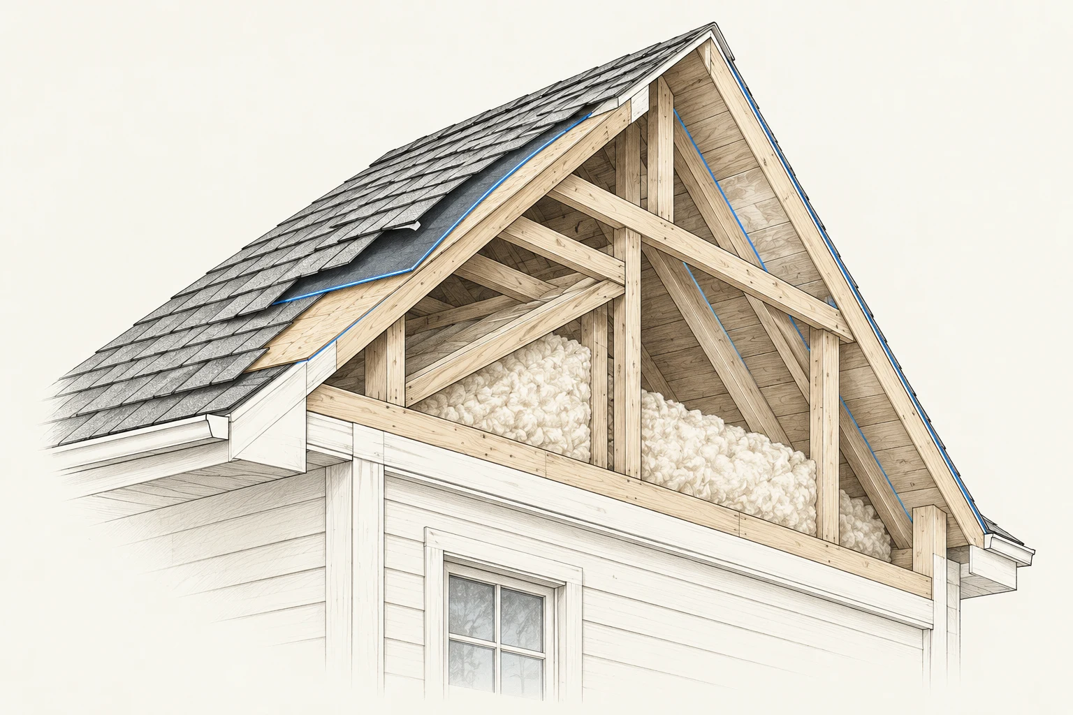Conceptual architectural roof cutaway revealing shingles, timber rafters and insulation.